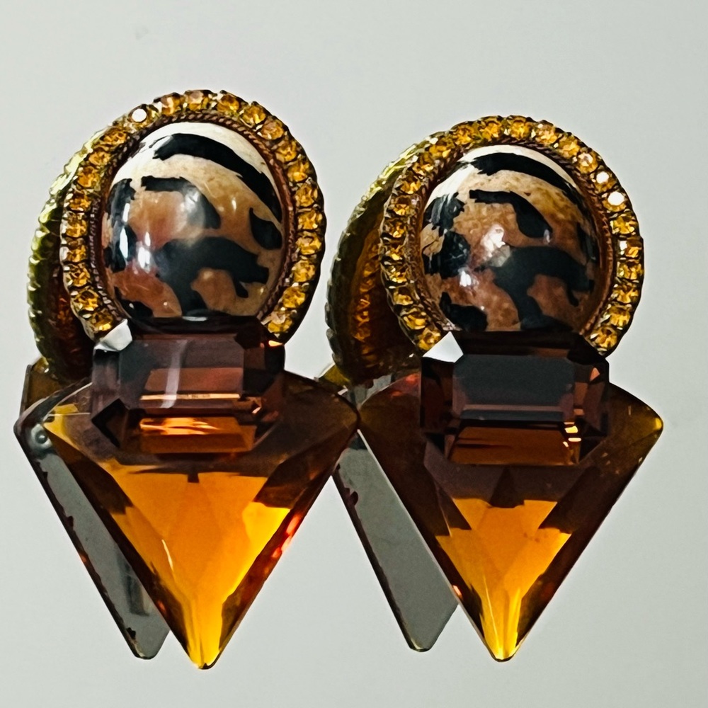 WENDY GELL 1980s Leopard Pattern Signed Clip Statement EARRINGS